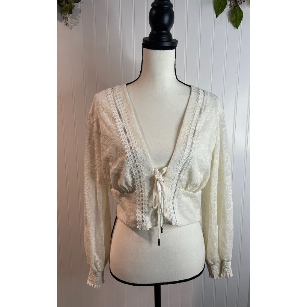 Studio F Ivory Lace Long Sleeve Tie Front Blouse With Embroidered Details Size M